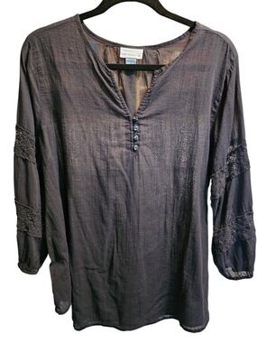 Liz Claiborne Women's Black Gauze Button-Front Peasant Top, XL